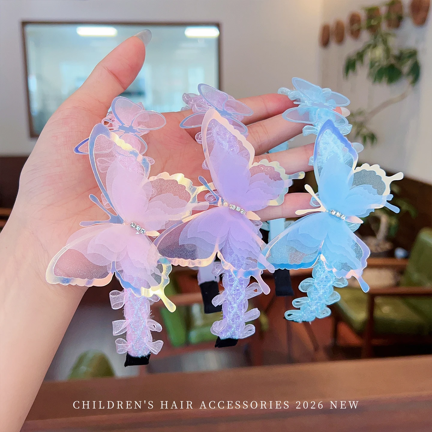 2026 New Sparkly Gradient Butterfly Headbands Fairy Tulle No Hurt Head Hair Hoops Toddler Girls Flower Girl Birthday Photo Prop