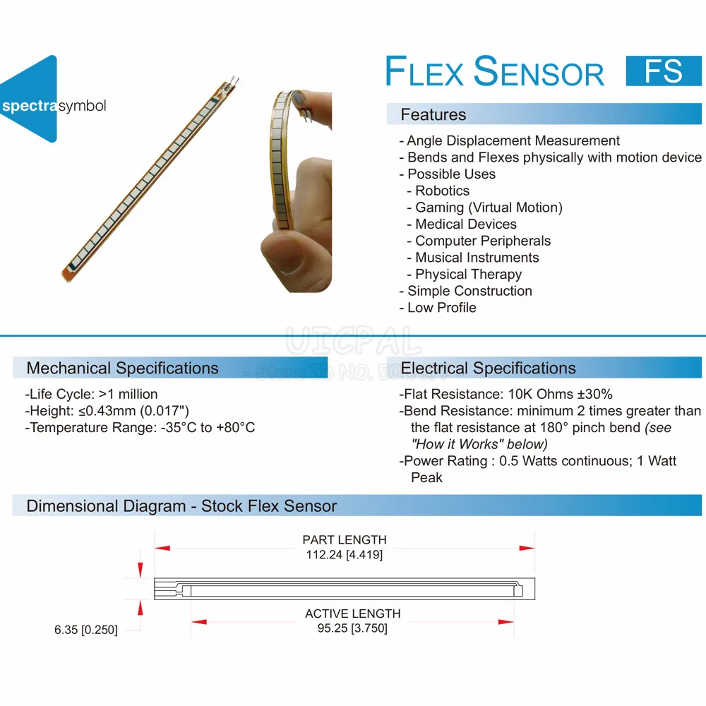 Sensor de flexión de curva para guantes electrónicos, guante de potencia robótica de 2,2 y 4,5 pulgadas, 2,2 y 4,5 pulgadas