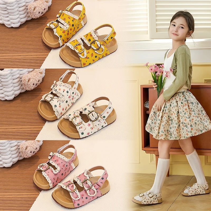 Toddler Girls Lace Trim Leather Sandals with Buckle 2026 New Summer Kids Chunky Beach Shoes Soft Sole Polka Dot Barefoot Sandals