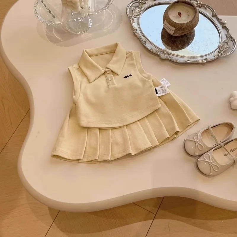 

TOY-Girls' Fashion Outfit Set2025Sleeveless for Young and Little ChildrenpoloPleated Skirt Two-Piece Set for Kids with Top and S