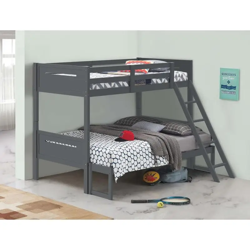 Grey Twin Full Bunk Bed with Ladder and Safety Rail for Space-Saving, Multi-Functional Design, Ideal for Kids and Guests