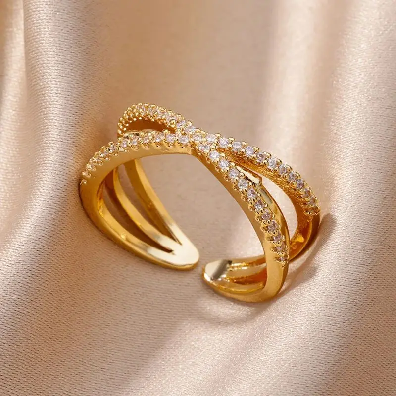 Vintage Geometric Zircon Rings for Women Stainless Steel Gold Color Punk Open Finger Ring Aesthetic Wedding Jewelry bague femme