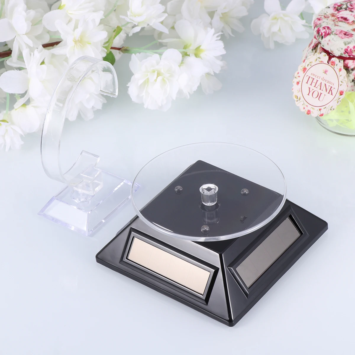 

Solar Display Stand for Jewelry Watches Black Rotating Platform Light Show Rack Energy Saving Eco Friendly Compact Lightweight