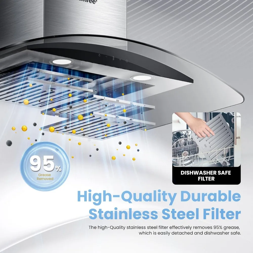 Curved Glass Range Hood 36 Inch 450 CFM 3 Speed Gesture Sensing &Touch Control Panel Stainless Steel Kitchen