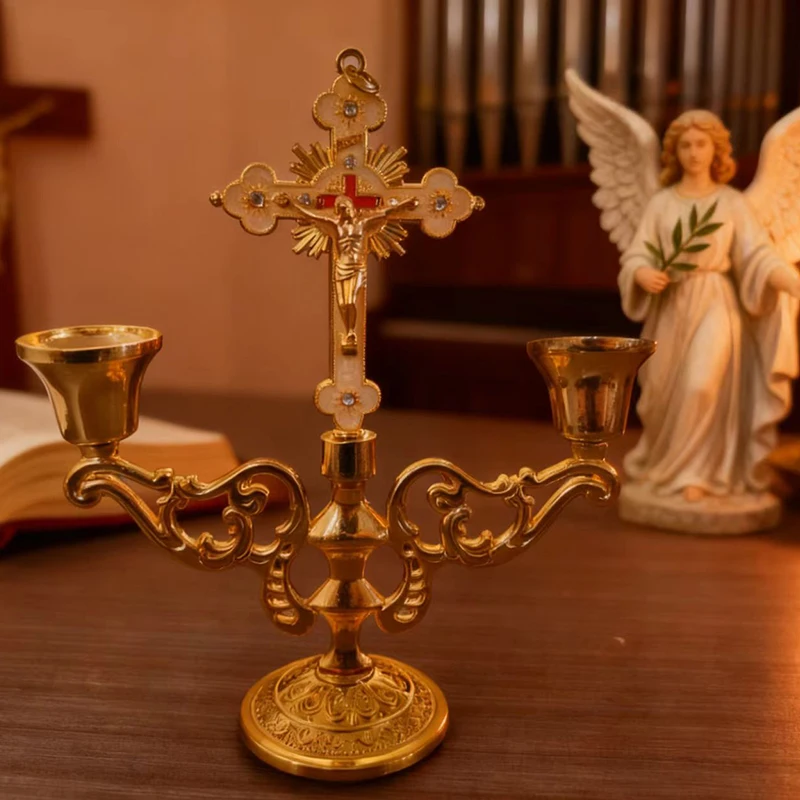 Neue Retro-Metall-Kerzenhalter im europäischen Stil aus Zinklegierung für Schabbatkerzen, Teelichter, Heimdekoration, religiöses Geschenk mit Jesus-Motiv – Detail 6