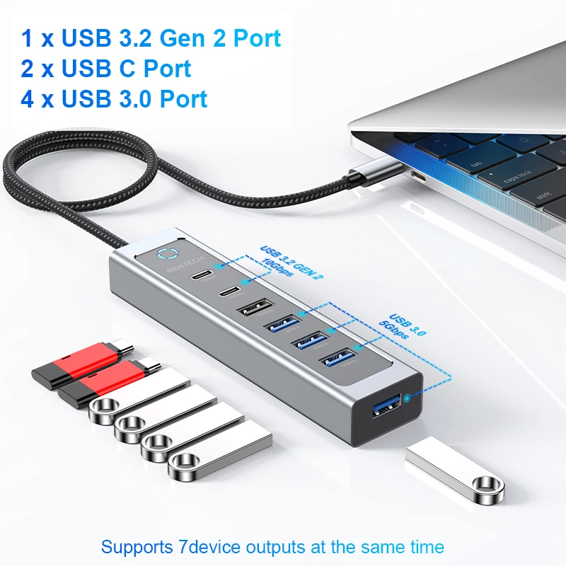 Imagem -02 - Rshtech-alumínio Usb c Hub para pc Laptop Splitter com Usb-a e Usb-c Portas de Dados Extensão de Dados Portas Usb 3.2 Gen2