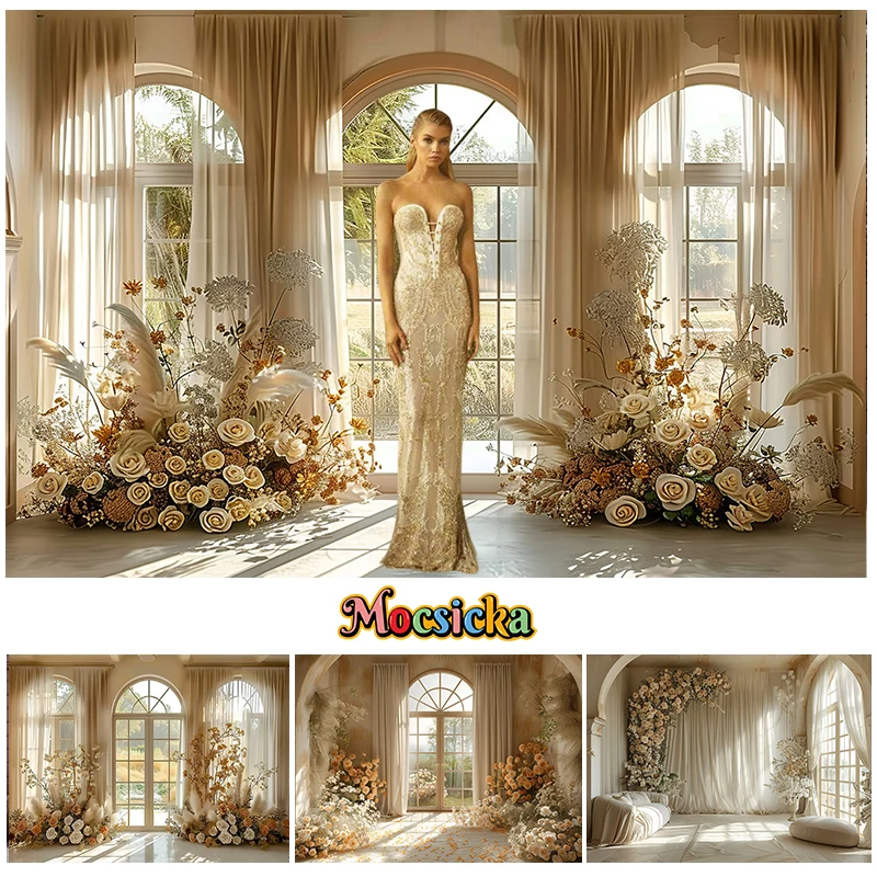 

Mocsicka Photography Background Indoor Boho Floral Arched Window Adult Birthday Wedding Portrait Decor Backdrop Photo Studio