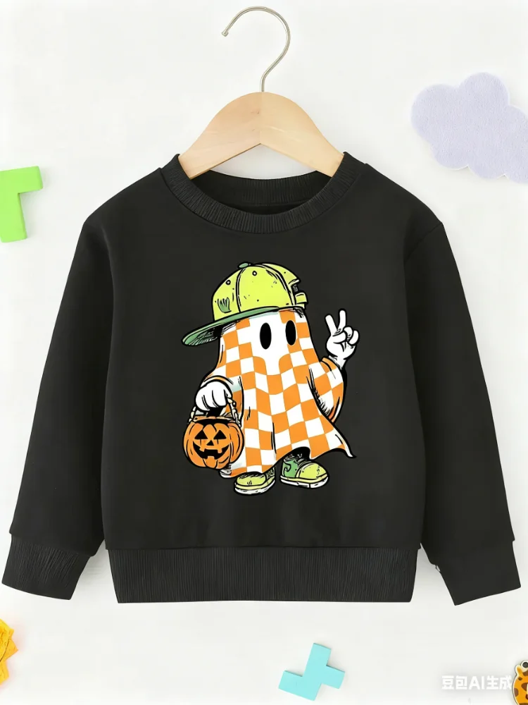 

Толстовка для мальчиков на весну/осень на Хэллоуин — принт тыквы и призрака, креативный модный, игривый и привлекательный, прочный и легко моющийся