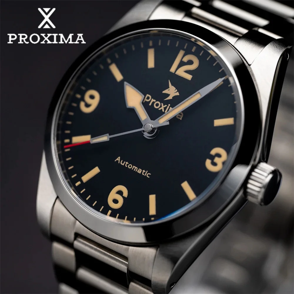 Proxima PX1698 Automatic Men\'s Watch 37mm Vintage Sport Mechanical Wristwatch Sapphire PT5000 SW200 Black Dial 20Bar BGW-9 Lume