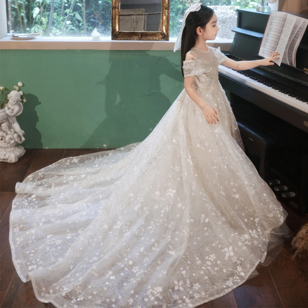 Luxury Sequined Off The Shoulder A-line Princess Gown For Birthday Party Graceful Long Dress Withh Train For Kids Performance