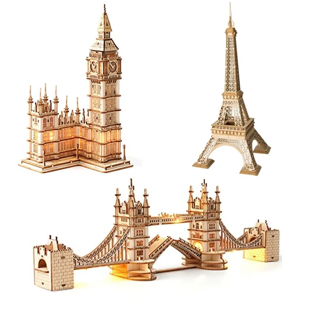 Robotime 3D Puzzle Drewniane Zestawy DIY Tower Bridge Big Ben Zestaw Modelu Wieży Eiffla Dekoracja Domu Prezent Urodzinowy