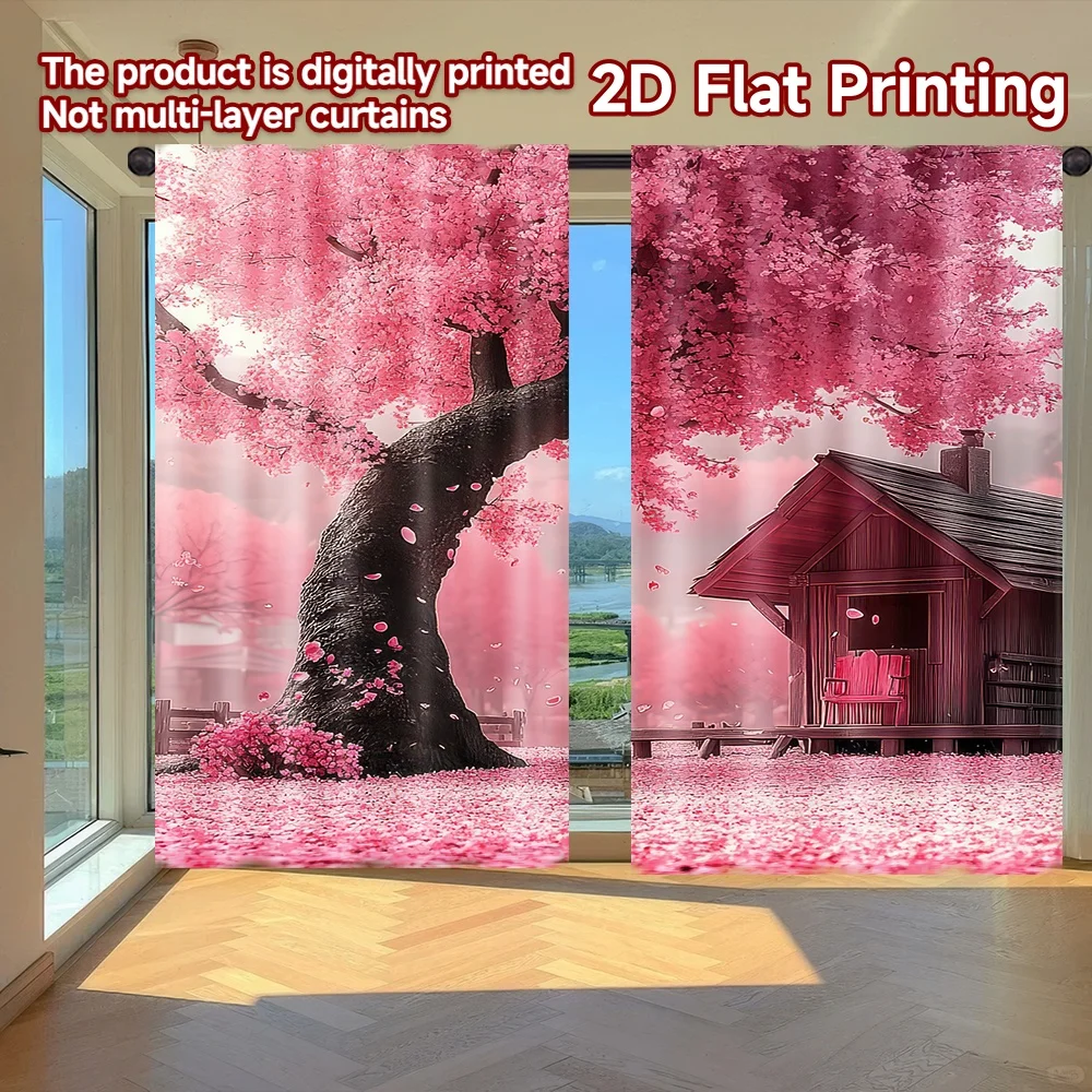 

2D flat printing 2pcs Curtain Springtime Cherry Blossom Scene Digital Printed Polyester Drapes Party Decorations Perfect for