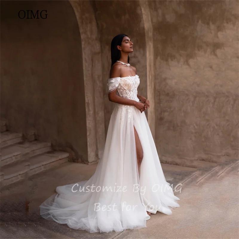 OIMG Luxury Ivory A-line Wedding Dress Off The Shoulder Bride Dresses High Side Split Wedding Gowns vestidos de novia