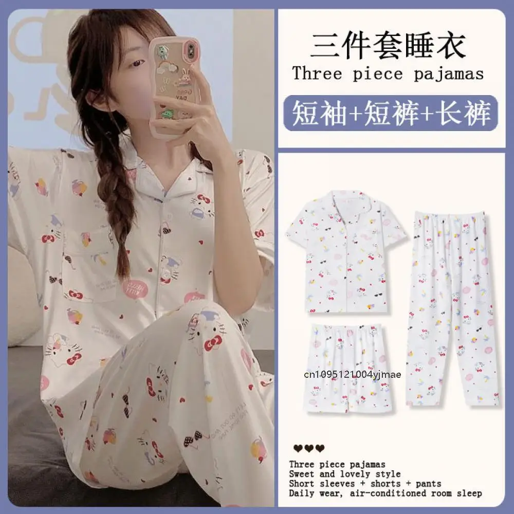 

3 шт. женские пижамы Hello Kitty Sanrio аниме милые студенческие каваи мультфильм модные повседневные пижамы с лацканами для девочек свободный комплект домашней одежды