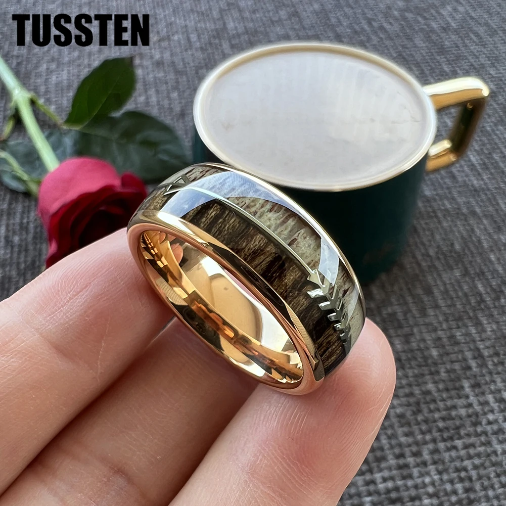 Dropshipping TUSSTEN 8MM Arrow Ring Men Women Tungsten Wedding Band With Dear Antler And Zebra Wood Inlay Comfort Fit