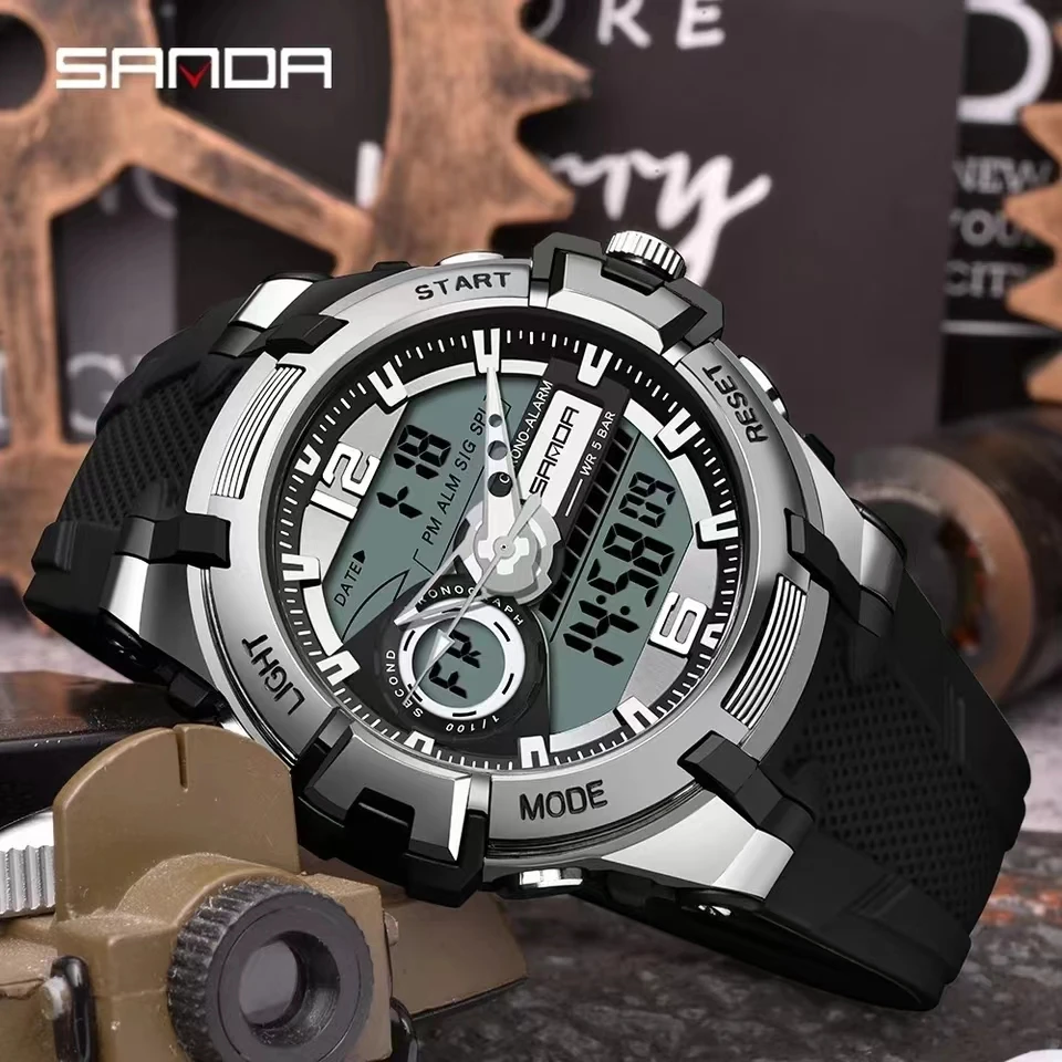 SANDA 6015 Fashion Alarm Mode Sports Hand Clock for Teenagers Multiple Functions Waterproof Luminous Analog Digital Wrist Watch