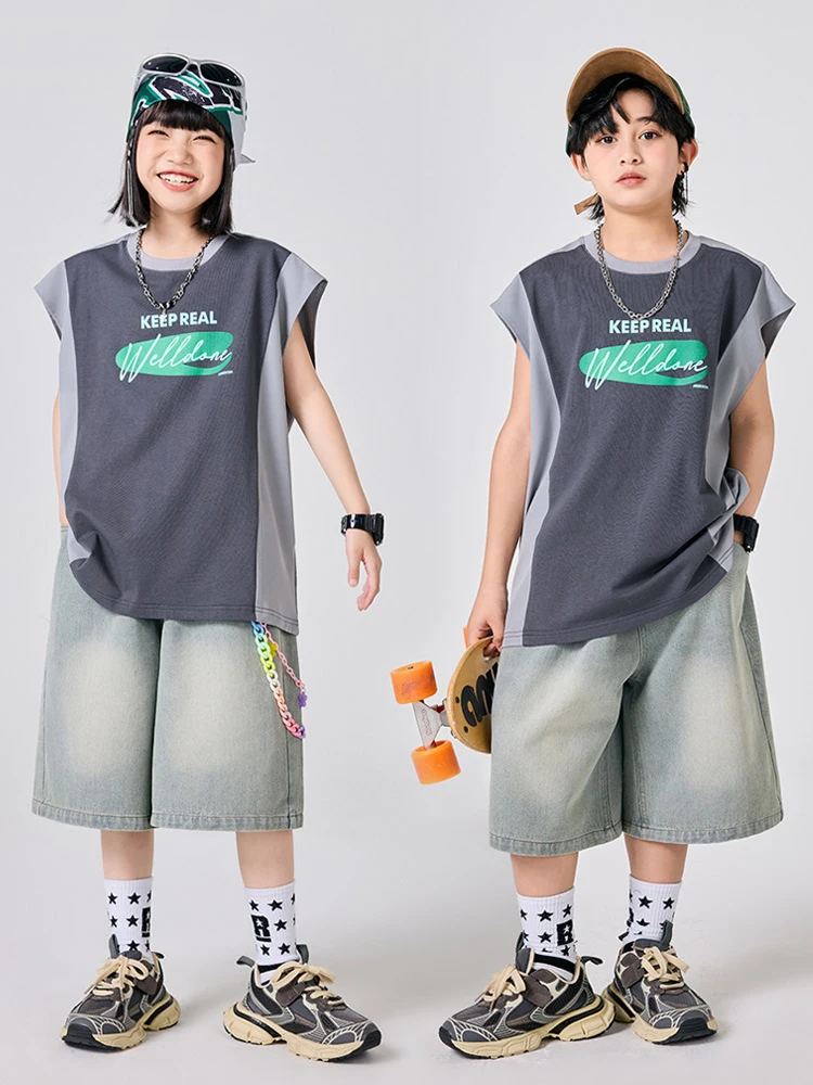 

New Kid Hip Hop Dance Streetwear Sleeveless Vest Tops Jeans Boys Girls Jazz Dance Street Dance Performance Costumes Wear DN20351