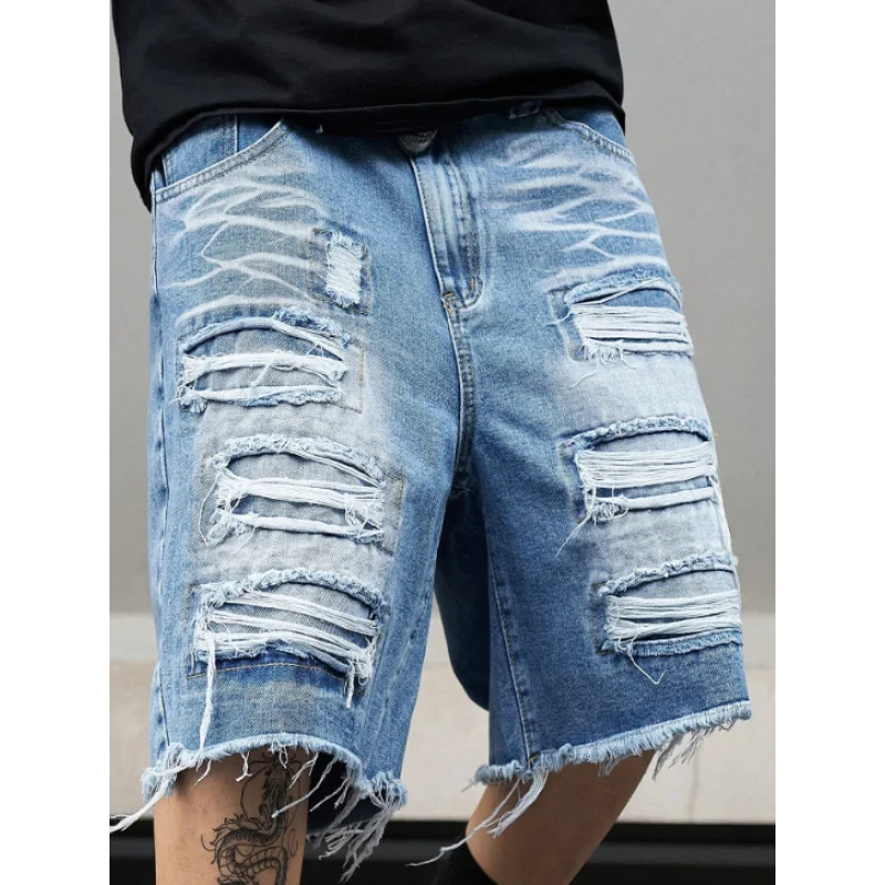 شورت صيفي ممزق للرجال شورت بخمس نقاط عصري مقاس كبير شورت فضفاض مناسب متسول متوسط الطول