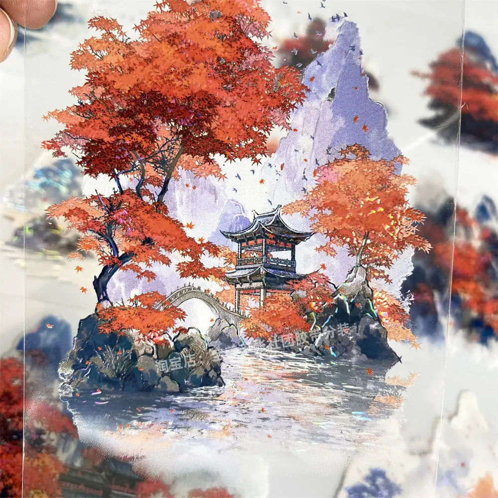 Washi Pet Tape Maple Bridge Night Ancient Style Landscape for Journaling Scrapbooking DIY Craft Sticker
