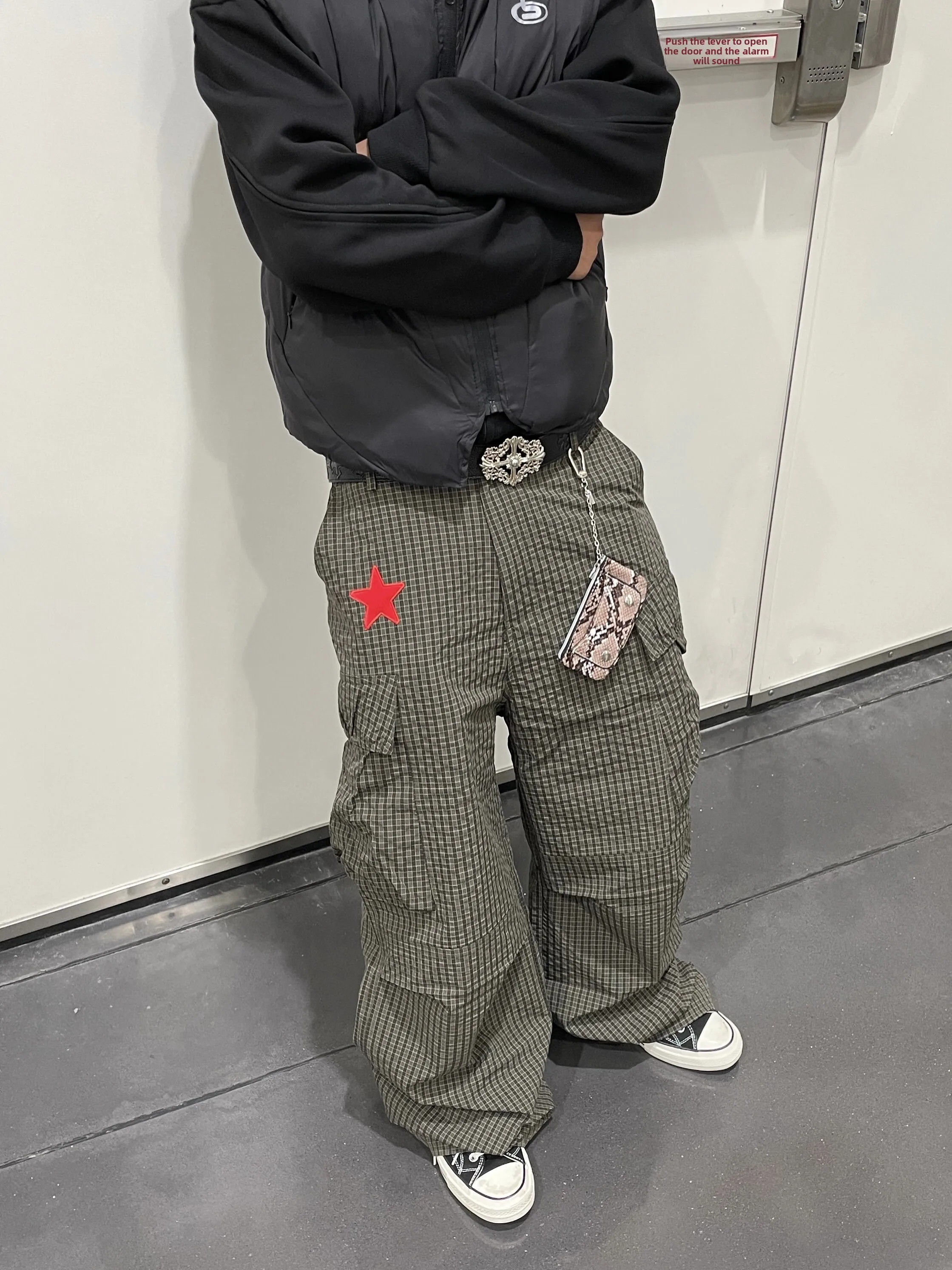 

Retro American Star Letter Embroidery Plaid Casual Pants Loose Fit with Big Pockets Men's Jeans Breathable Wear Resistant