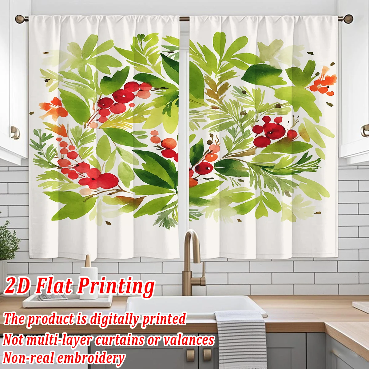 Christmas Flat Printing Kitchen Curtains With Berry Leaf  Holiday Home Door Window Decor