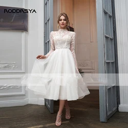 RODDRSYA High Collar With Sleeve Luxury Applique Wedding Dress Short Tulle Custom Elegant Tea Length Bride Gown Button Vestidos