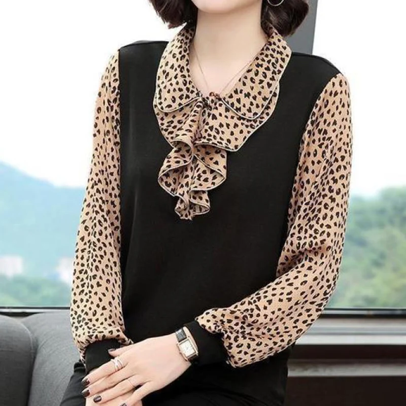 Elegant Fashion Leopard Printing Ruffles Shirt Spring Autumn Ruffled Neck Women's Clothing Long Sleeve Loose All-match Blouse