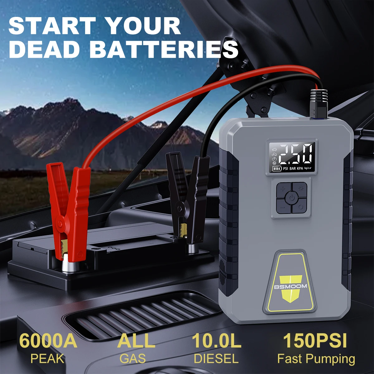 21800mAh Portable Car Battery Power Bank Charger 6000A Peak Car Jump Starter 150PSI Air Compressor Car Booster Auto Starting Device Emergency Car Battery Starter For All Gas/ 10L Diesel