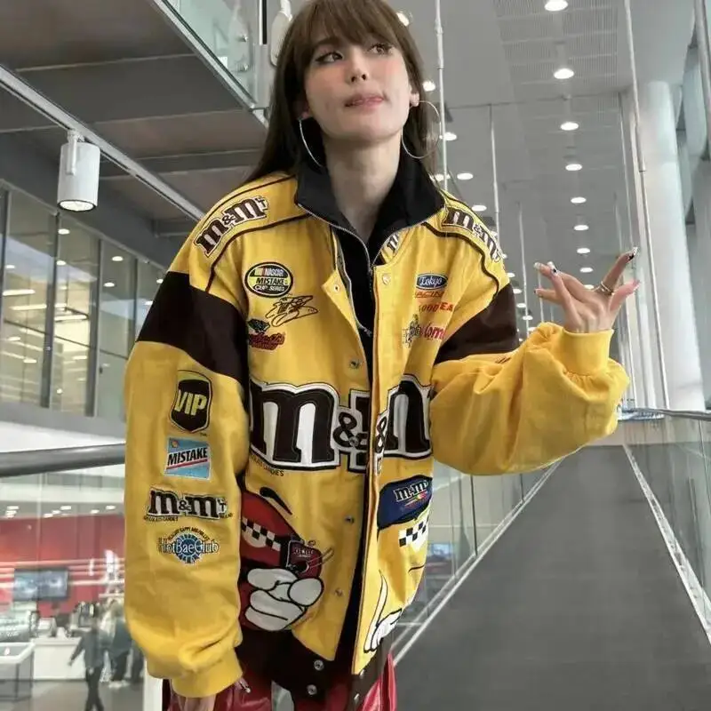 

3XL Oversized Streetwear Baseball Jacket Graphic Letter Embroidery Chic Couple Coat Button Moto Biker Overcoat Women's Outerwear