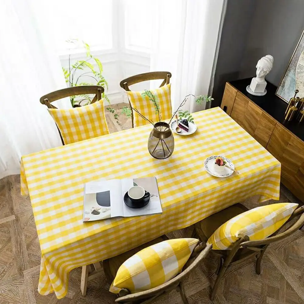

2 упаковки желто-белой скатерти в клетку, 54 х 108 дюймов, прямоугольная декоративная пластиковая скатерть для рабочего стола, водонепроницаемая и морщинистая