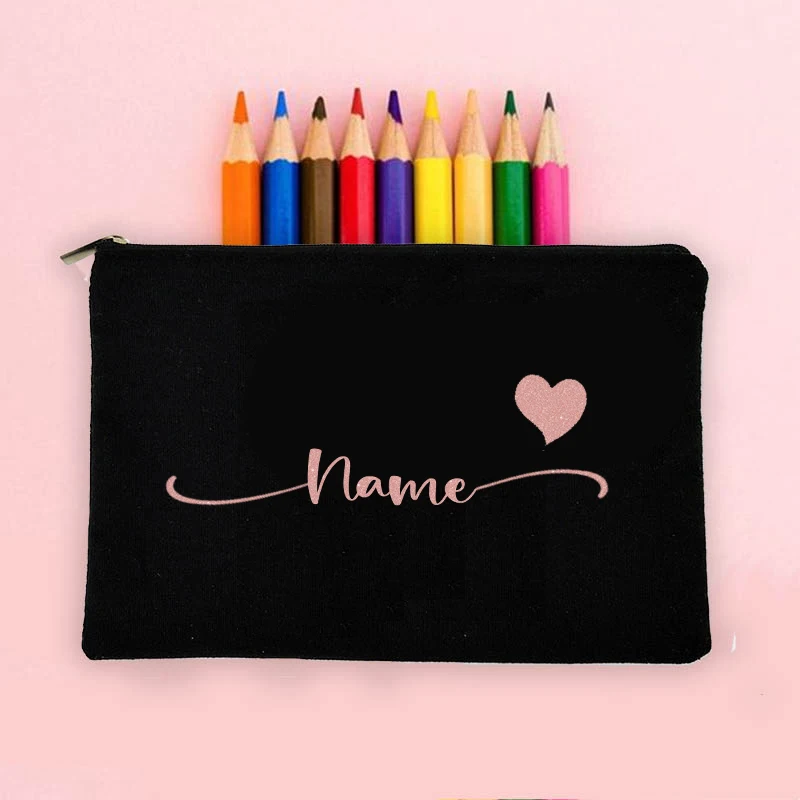 Love Customized Name Canvas Bags Simple Black Makeup Bag Organizer New Travel Perfume Lipstick Pouch Stationery Pencil Case Gift