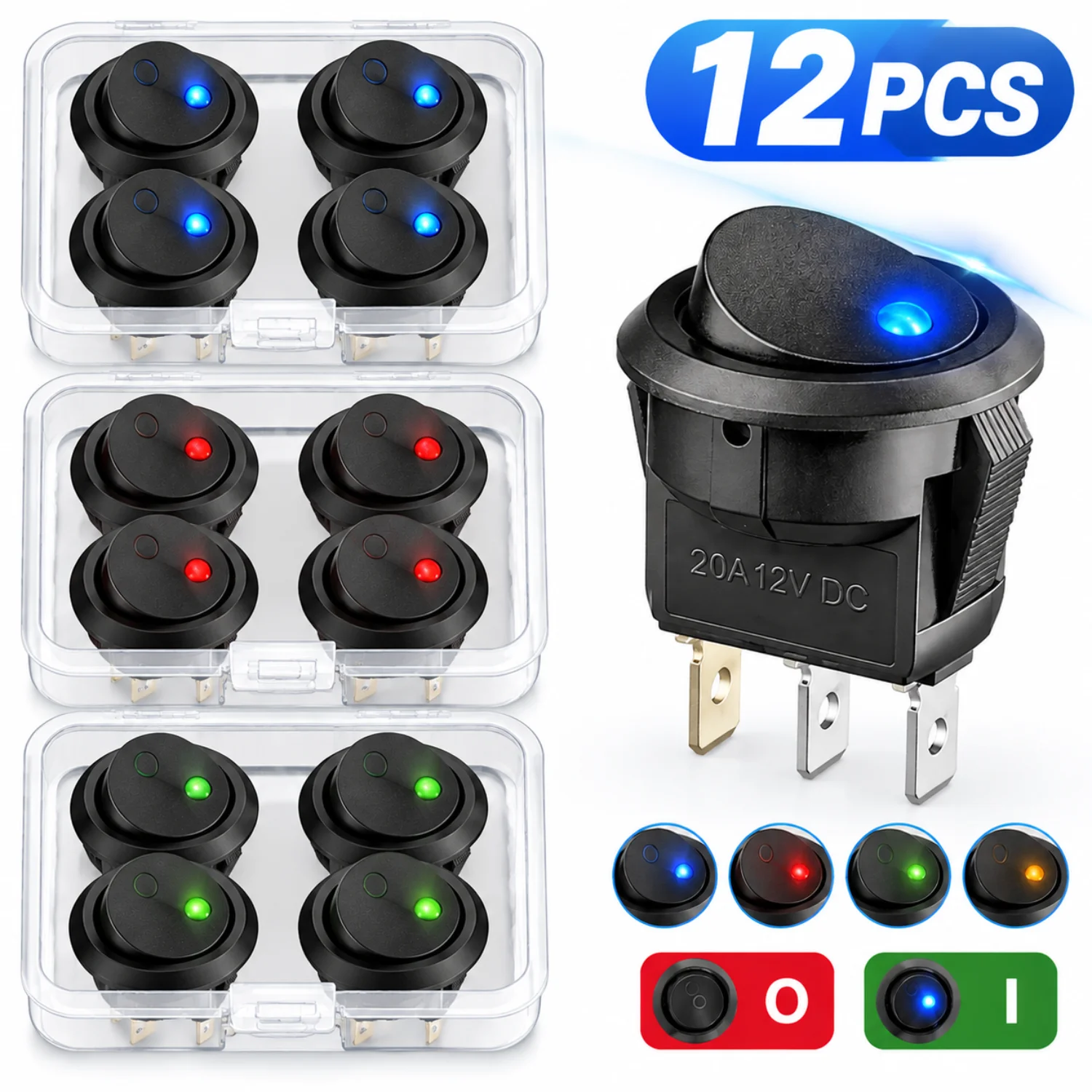 1-12PCS Rocker Switch On-Off Control 4 Colors Push Button Switch 3 Pin 12V 20A Amps Car Truck Rocker Round Toggle LED Switch