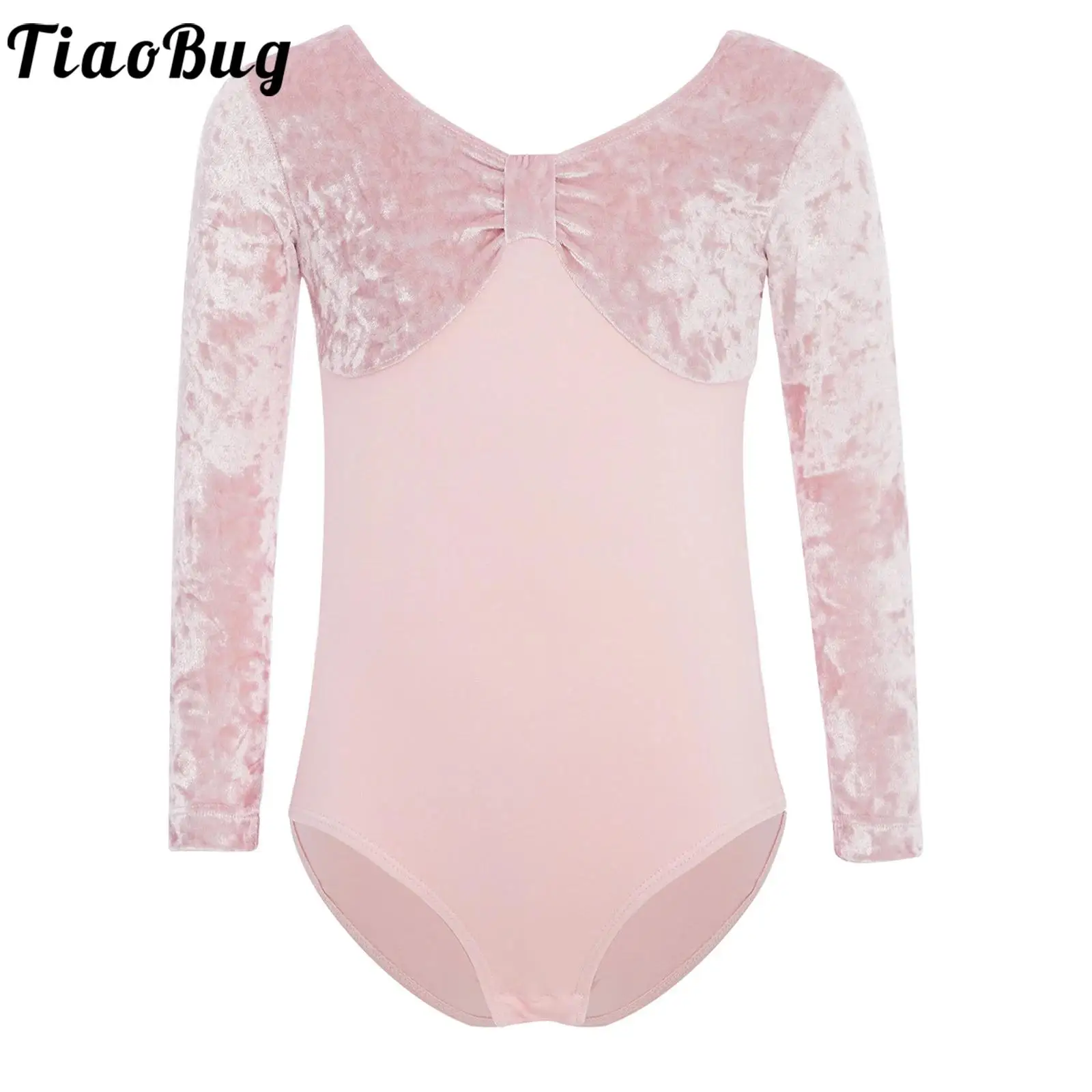 

Kids Girls Velvet Patchwork Leotard Dance Ballet Gymnastics Tops Long Sleeves Front Knot Press Button Crotch Bodysuit Dancewear