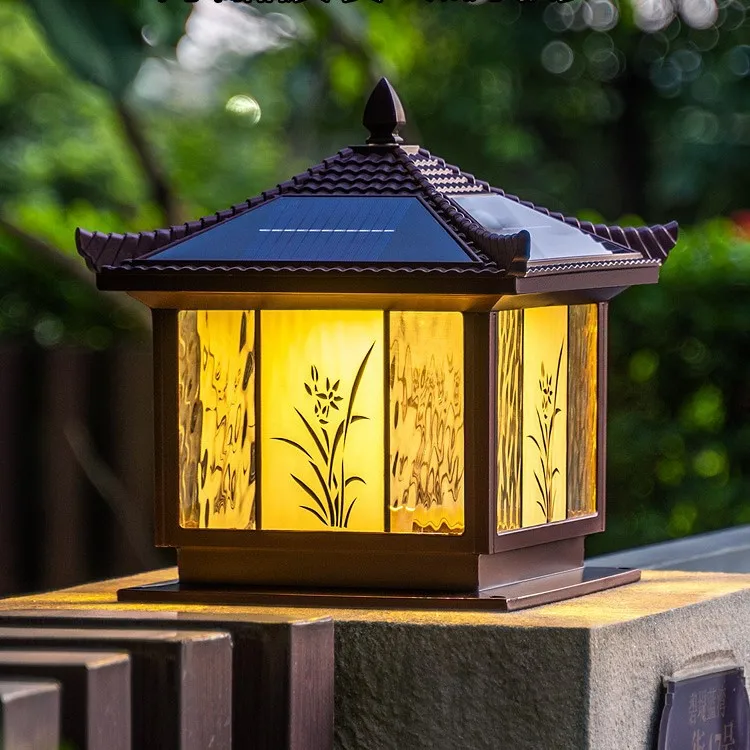 New Chinese solar stigma lamp outdoor courtyard waterproof villa gate wall garden pillar orchid door pillar lamp