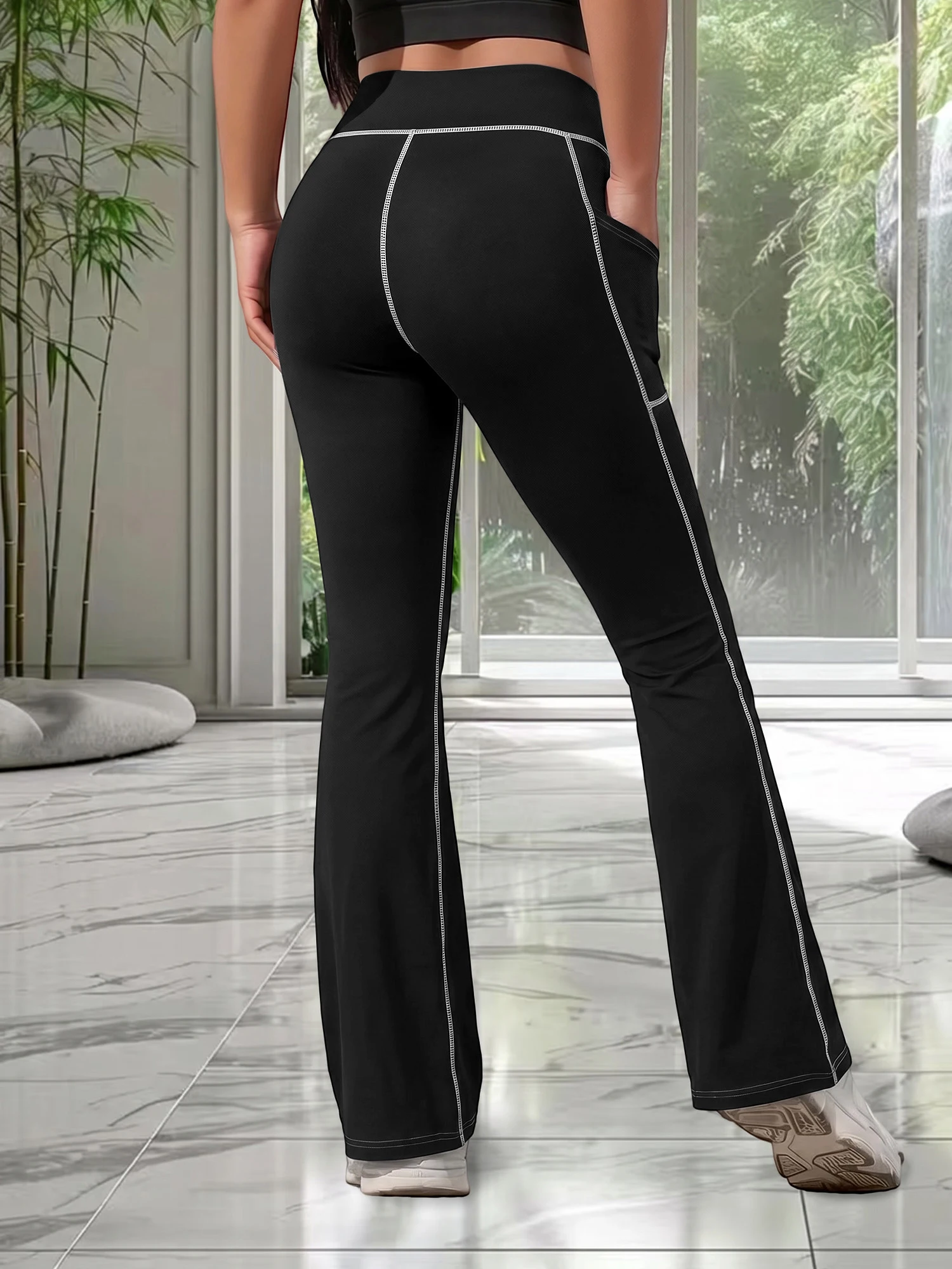 Side Phone Pocket High Waist Flare Casual Pants Contrast White Seam Soft Stretch Bootcut Female Street Pants