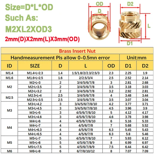 Imagen 2 del producto 200-800 Uds M2 M2.5 M4 M5 M3 tuerca de inserción de calor inserto de rosca impresión 3d fusión en caliente moleteado doble sarga incrustación tuerca de inserción de latón M6