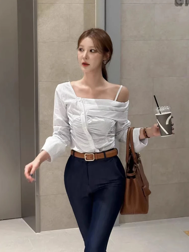 Ele Autumnal Tie-Slip Striated Women's Slim-Fit irt Asymmetric Oulder-Length Sve Sli Commute Mohamed Naznica Diego Diego Diego Diego Diego Diego Diego킹