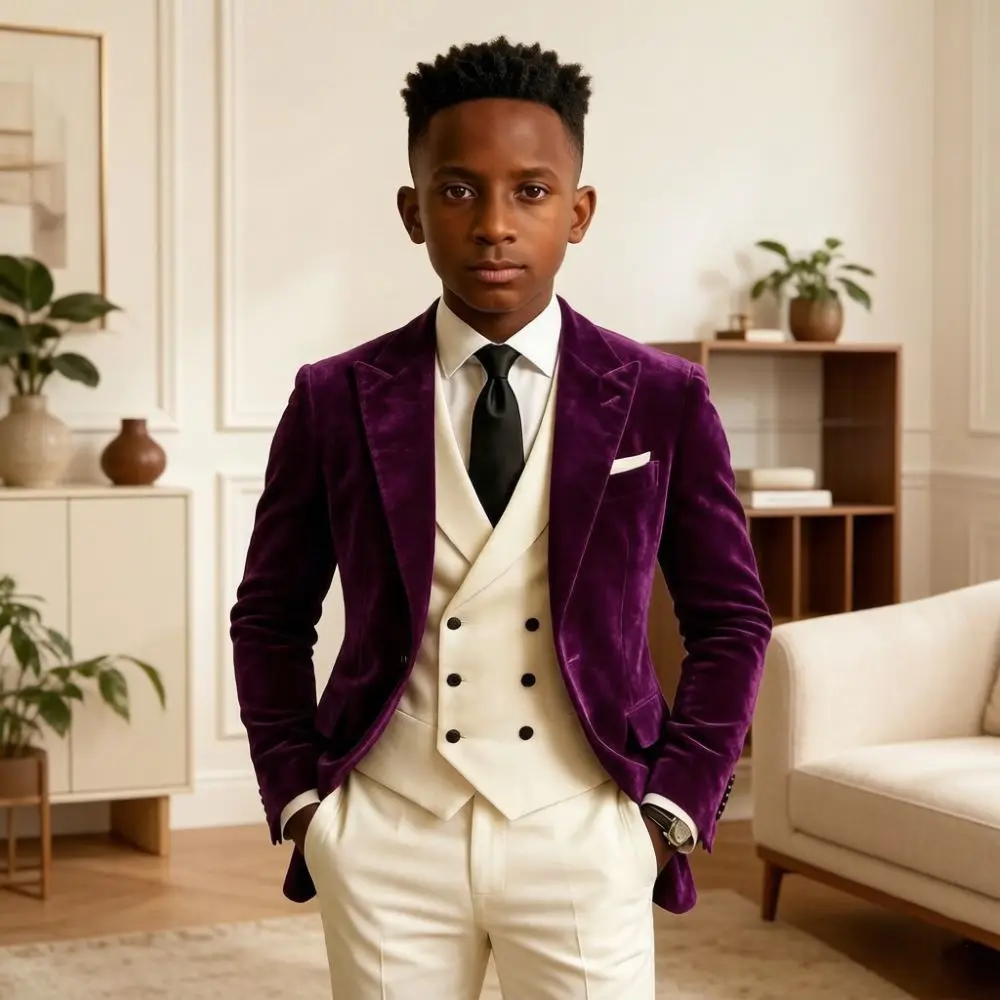 Boy Suits Velvet 3 Pieces Custom Made Formal Wedding Flap Pockets Mix Match School Prom Stage Performance New Year Ball Wear
