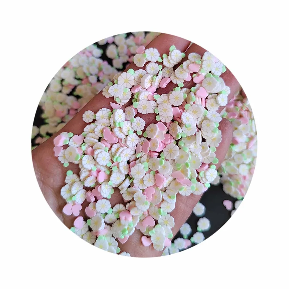 White Daisy Flower Pnk Heart Slice Polymer Clay Sprinkles for Nail Art Crafts Valentines Day DIY Decoration