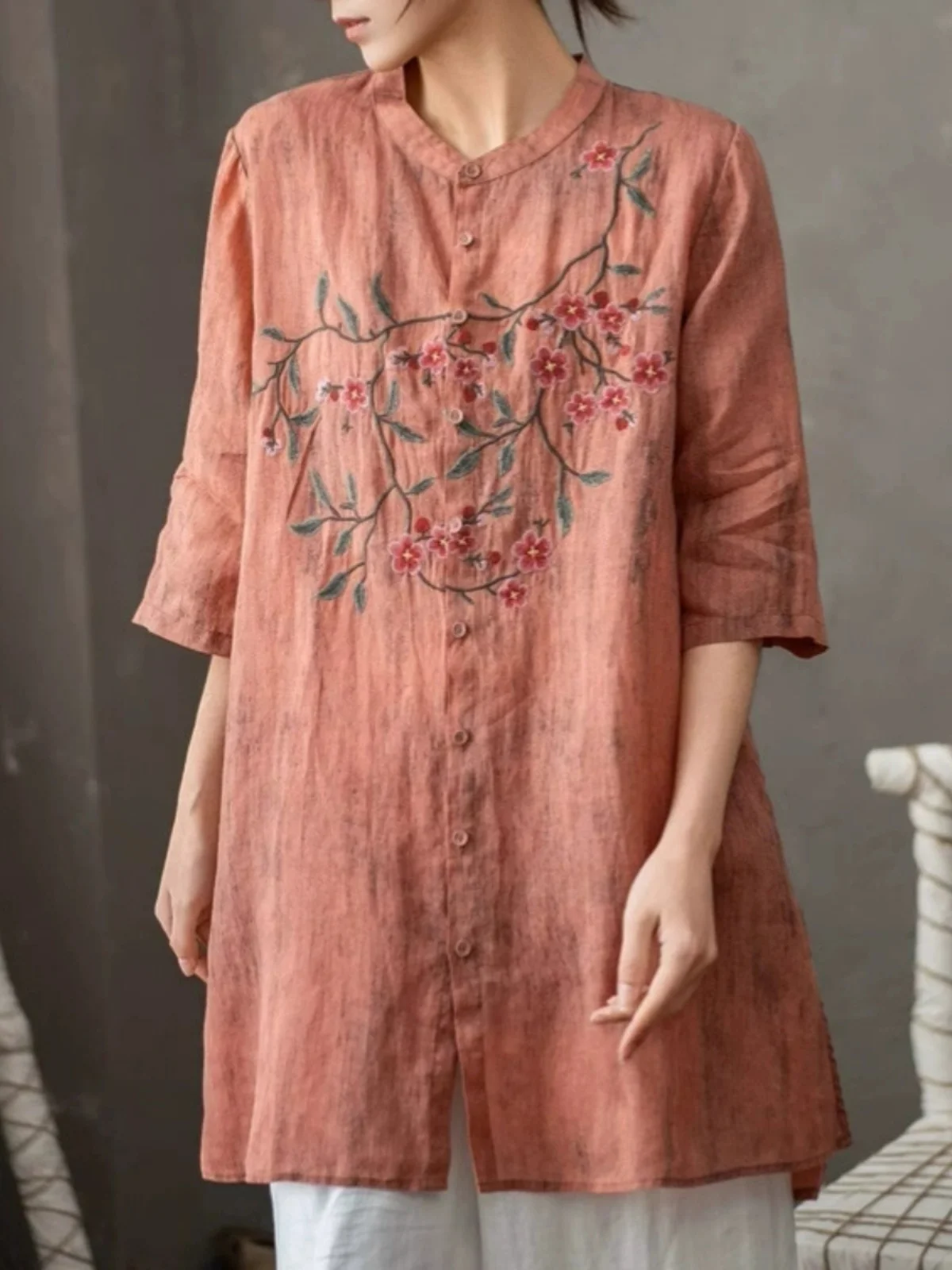 레트로 자수 미디 셔츠 플러스 사이즈 여성 캐주얼 오픈 가디건 슬릿 스탠드 칼라 빅 버튼 미디 셔츠 여성용...