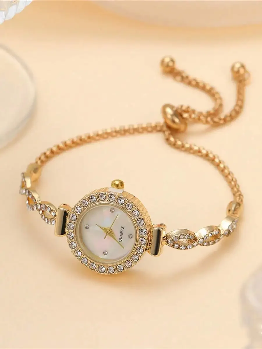 1pc Fashionable Women's Bracelet Watch, Featuring A Luxurious Round Watch Head Inlaid With Diamonds, A Diamond-Crystal Water