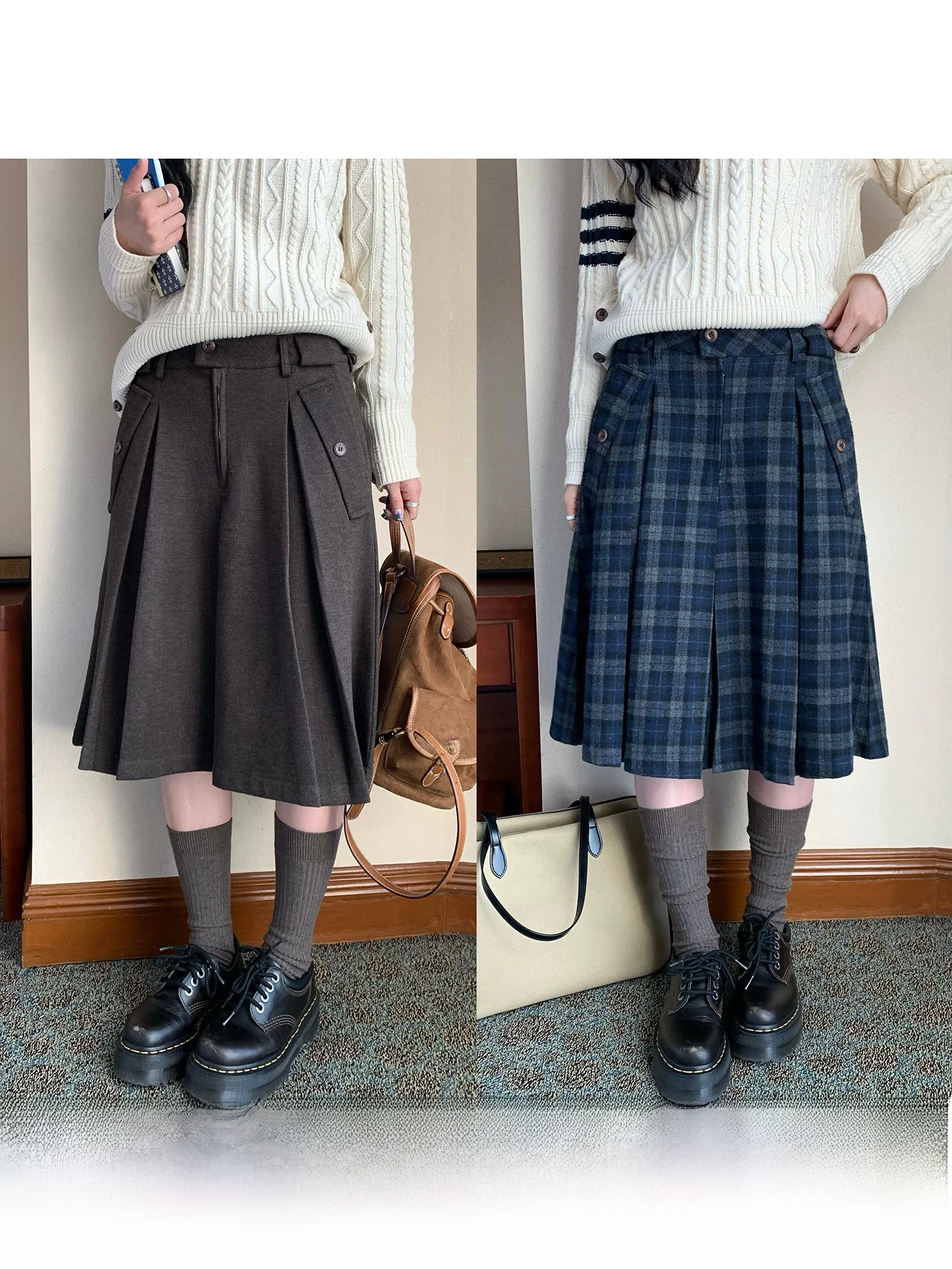 

WHYSTUDIO Женская зимняя модная плиссированная юбка в клетку с высокой талией из шерстяной смеси в стиле ретро-колледж на пуговицах