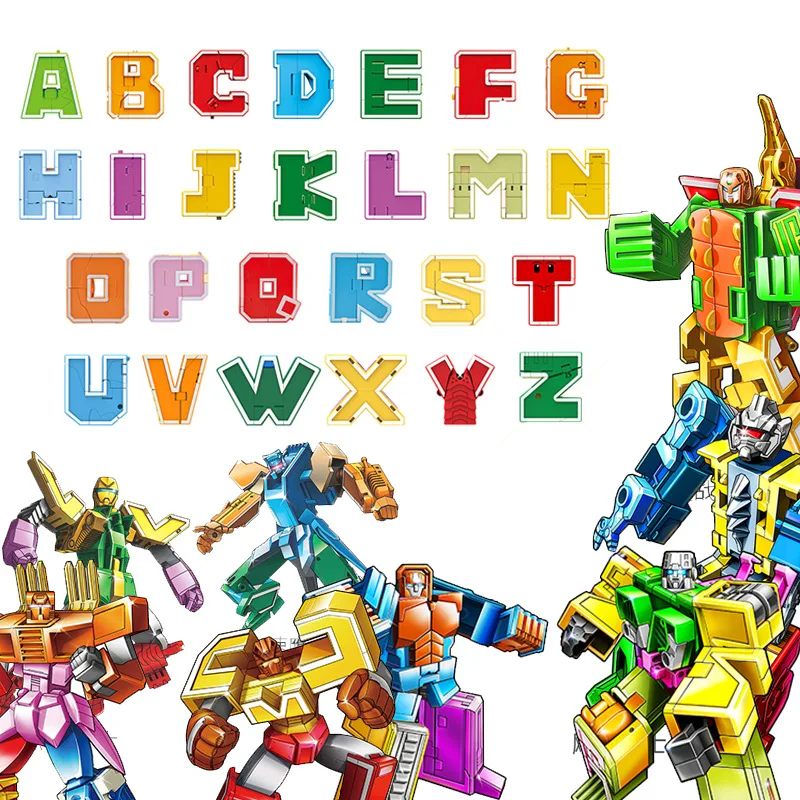 26 GUDI English Letter Alphabet Transformation Robot Dinosaur Deformation Animal Action Figure Learn A-Z Building Block Toys Set