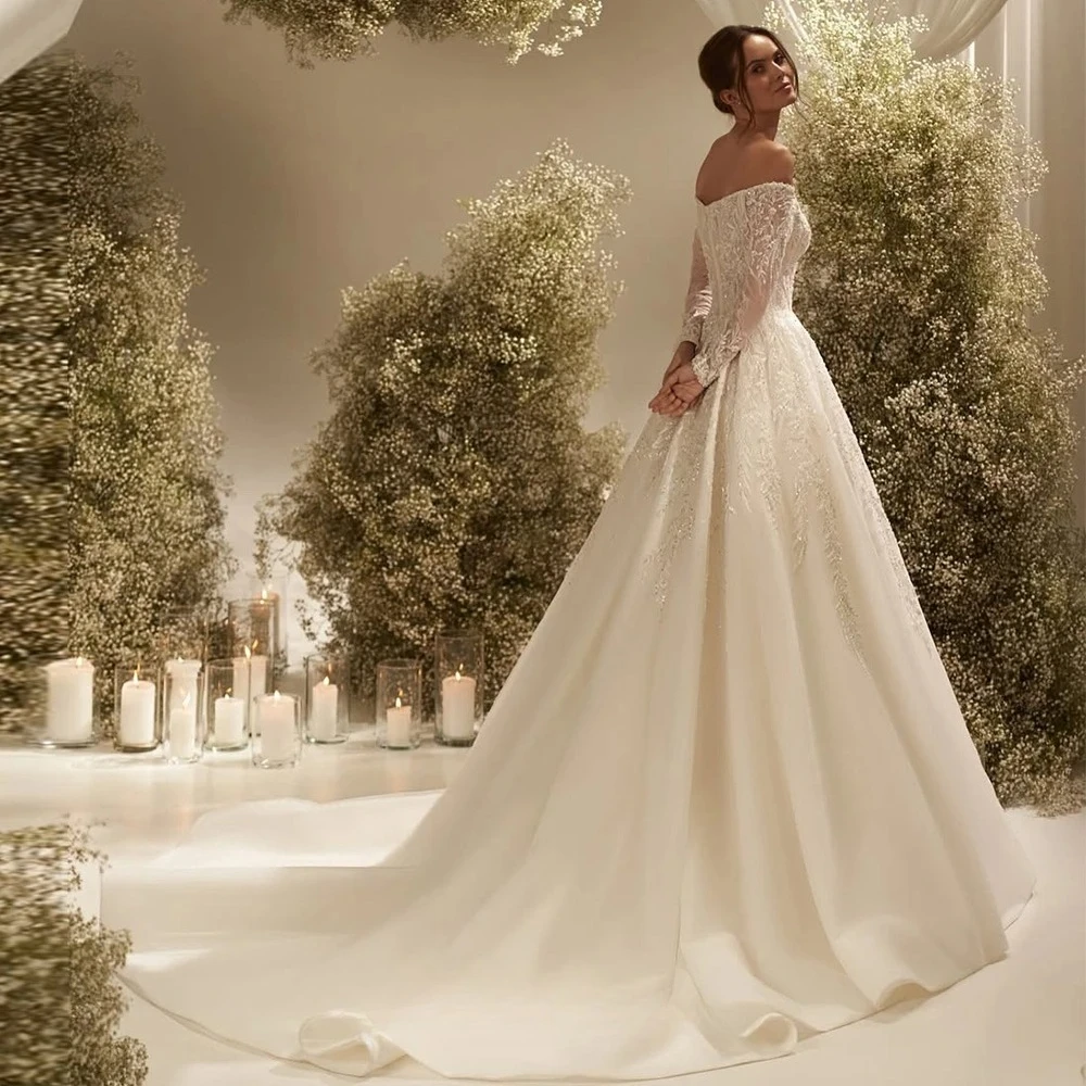 Customized Gorgeous Light V-long Sleeved Lace Wedding Dresses Hard Gauze Decal Shoulder Style A-line Bridal Gown Zipper Back