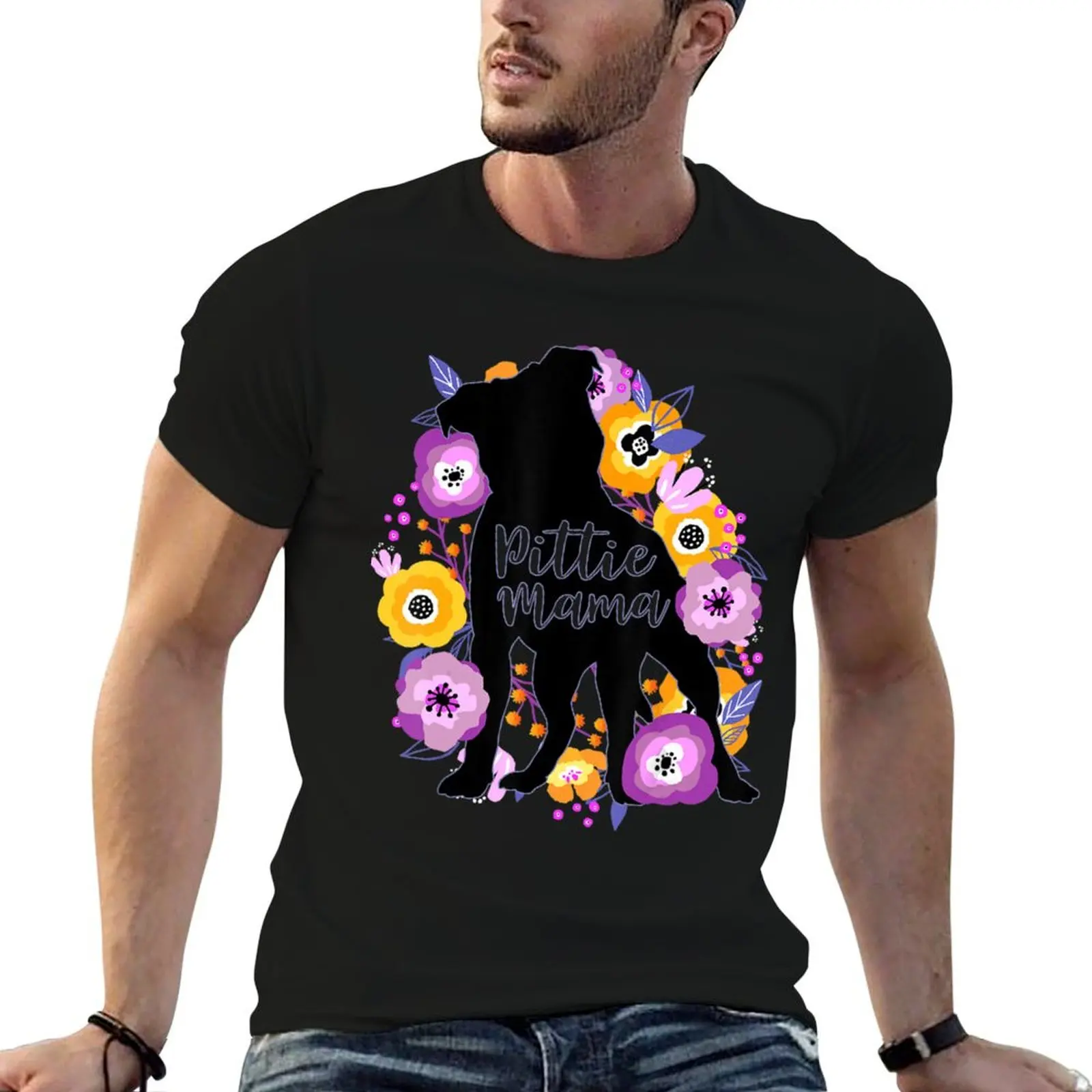 Pitbull Mama Purple Flowers Pittie Cute Pitbull Mom Dog Lover T-Shirt Plus Size Lightweight Tee Shirt