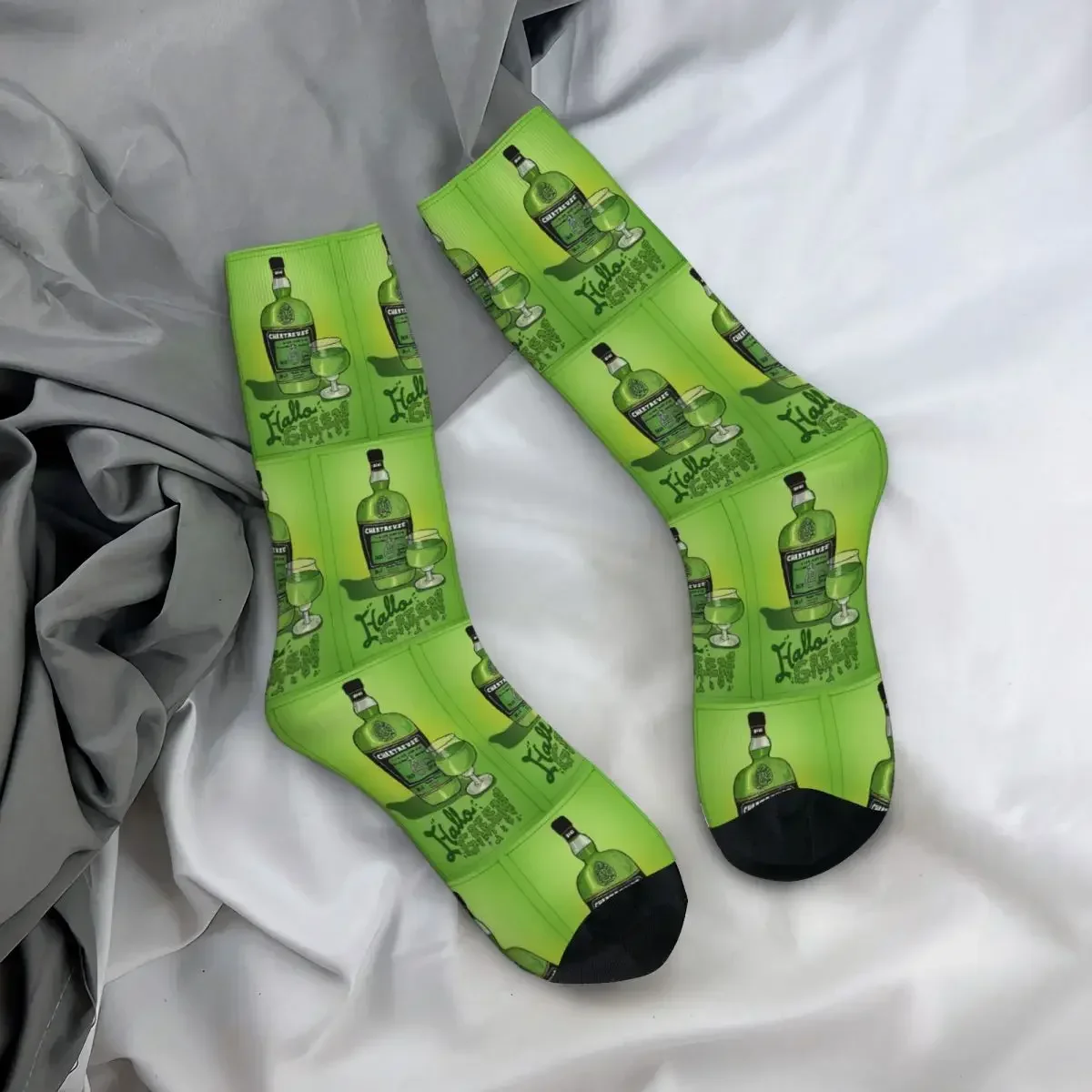 Calcetines de tripulación para todas las estaciones, diseño de pintura al óleo de una botella de Chartreuse verde, calcetines largos divertidos para hombre y mujer, regalos para el Día de San Valentín.