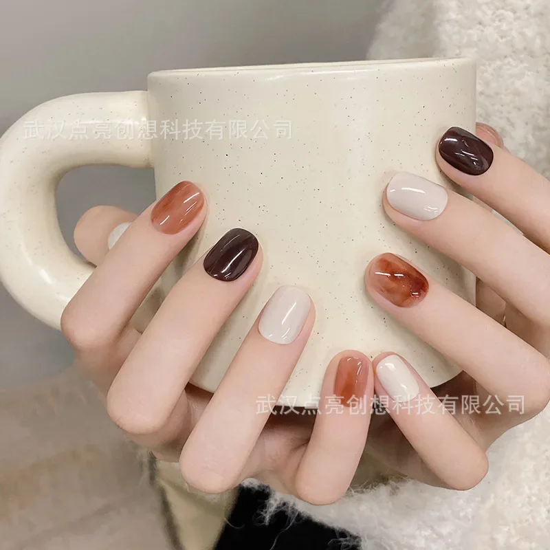 

10pcs Wearable Nails with Amber Gradient Pure Handmade Nail Art Exquisite and High-end Milk Coffee Nails for Women/Girls Wear