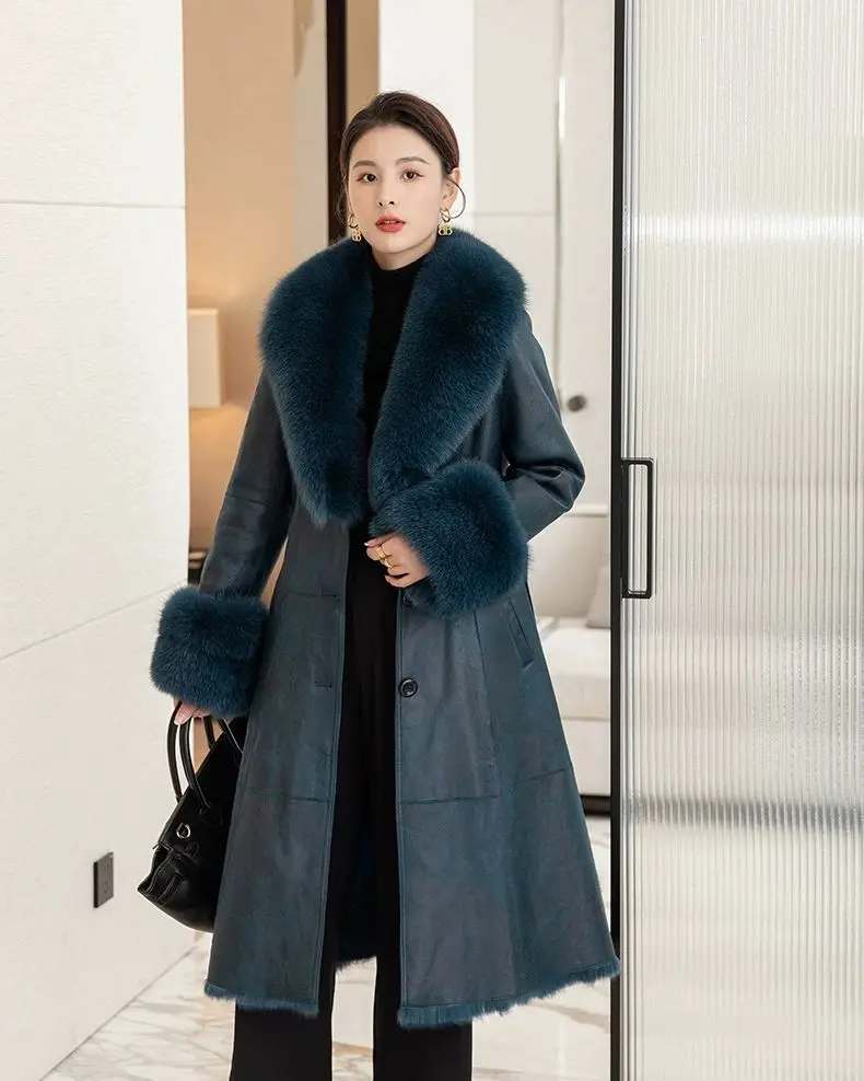 2023 New Rabbit Fur One Piece Coat for Women Mid length Fox Fur Collar Lace up Slim Fit Haining Fur Coat for Women