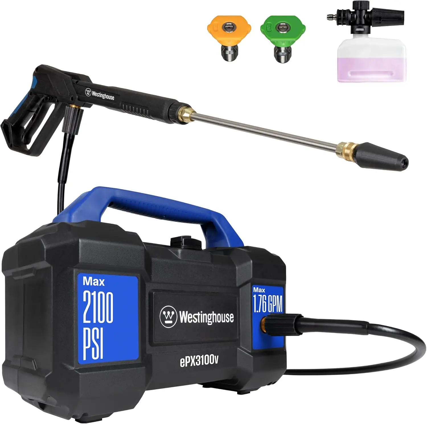 Electric Pressure Washer, 2100 Max PSI 1.76 Max , Built-in Carry Handle, Detachable Foam Cannon