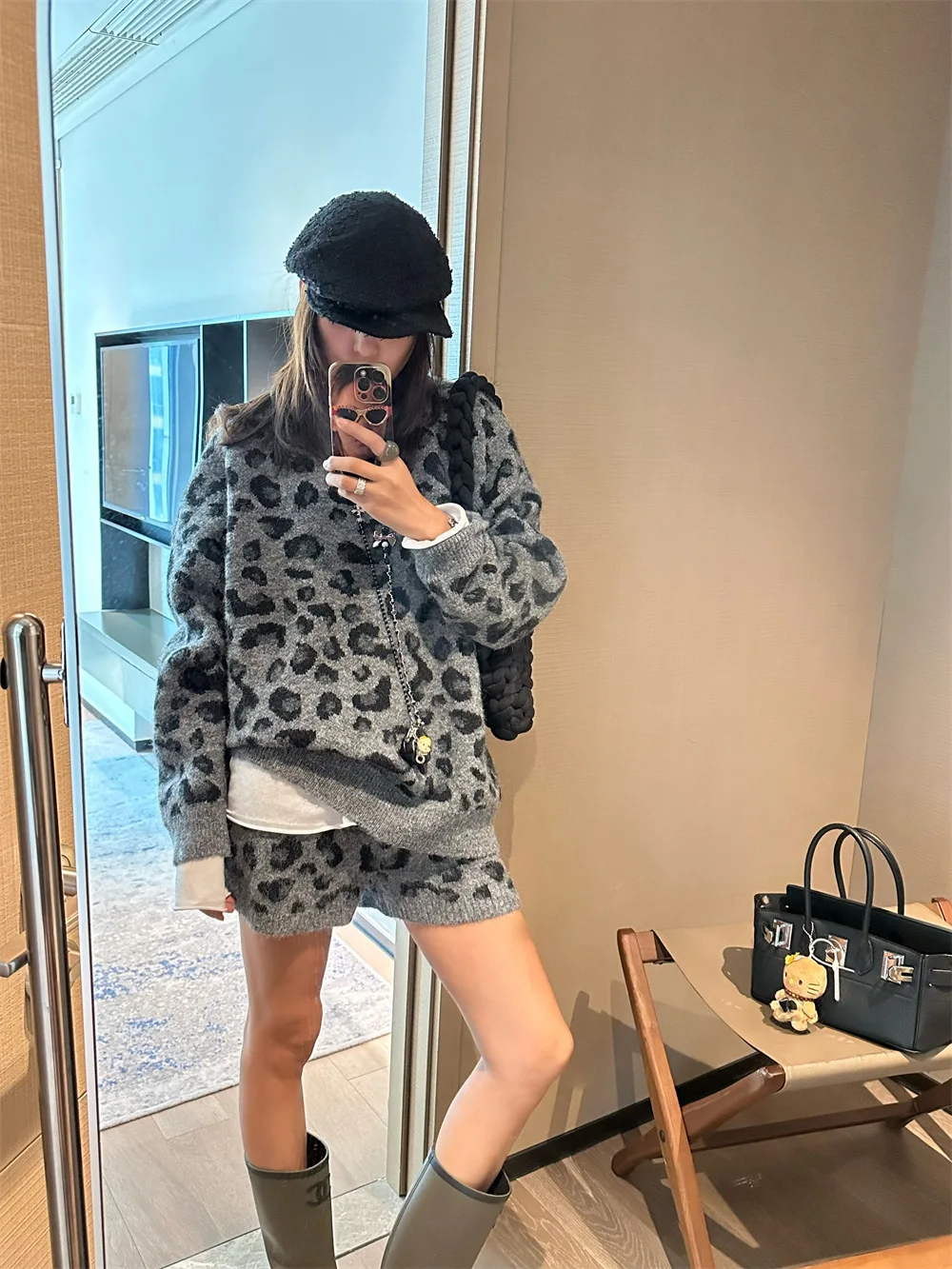 Spring Autumn Leopard Print Shorts Knit Suit Women Long Sleeves Pullover Sweater+high Waist Wide Leg Shorts Two Piece Set Female